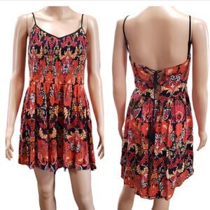 Band of Gypsies Orange Print Lace Up Back Hi-Low Dress SMALL